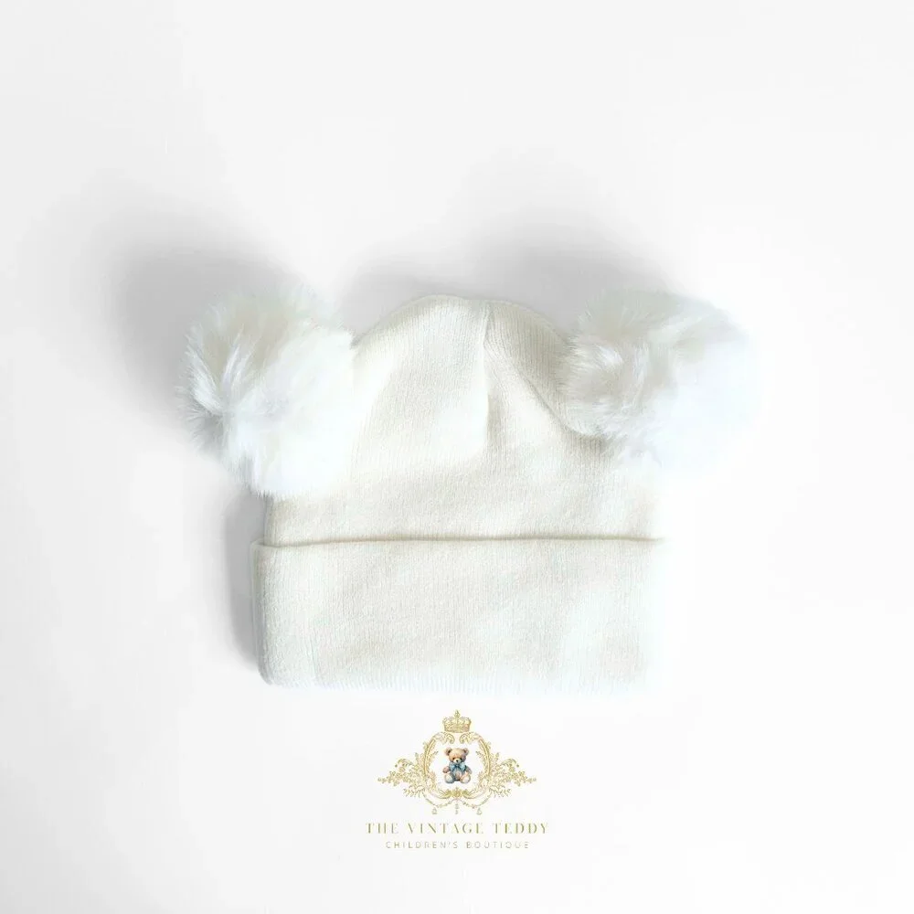 NWT Cute Baby & Toddler Girls Teddy Bear Fur Pom Pom Knit Cap Snow White OS